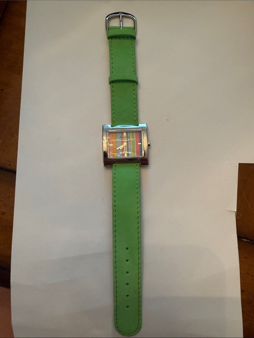 Vintage Saint James Green Leather Strap Square Dial Watch with Multicolor Face